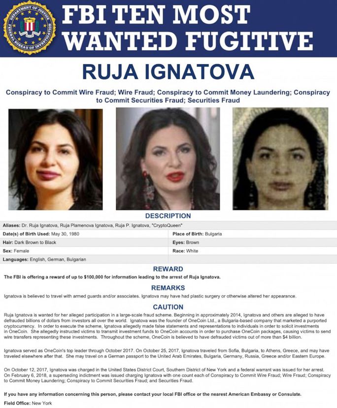 FBI đang treo thưởng 100.000 USD cho mọi thông tin giúp bắt giữ Ruja Ignatova. Ảnh FBI